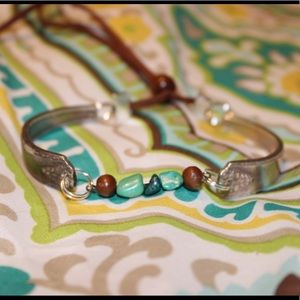 Turquoise and leather pull spoon bracelet